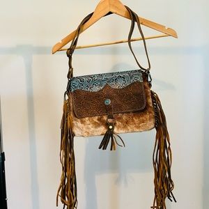 Myra Handbag Cerulean Vines Leather and Hairon Bag